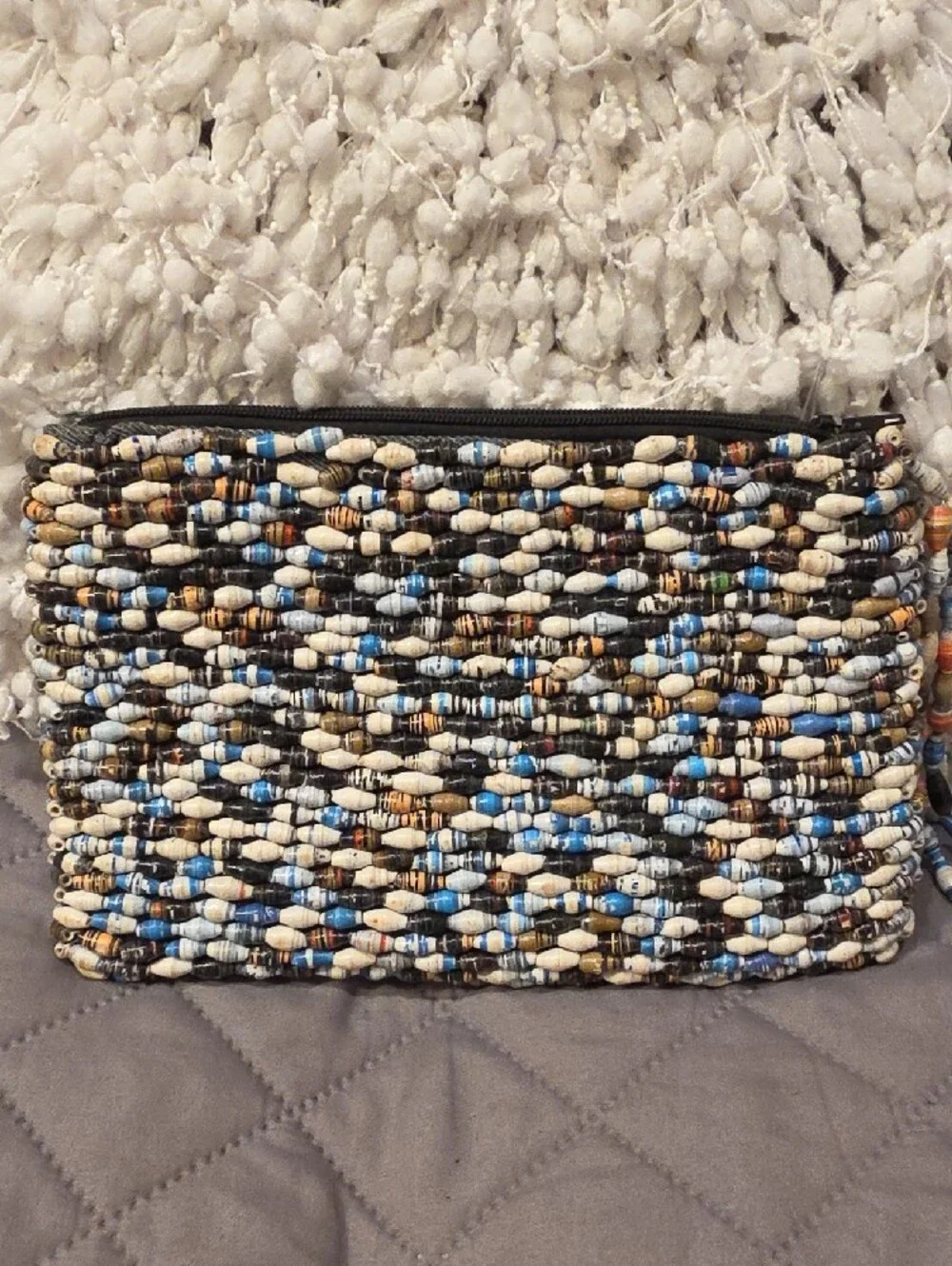 Handmade Paper Beaded Wristlet Clutch in Neutral, Brown & Blue - Picture 4 of 15